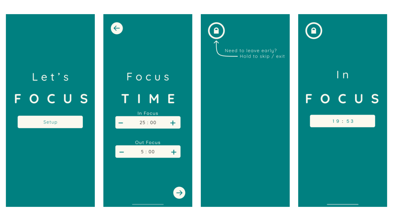 Screenshots from a UX project called Focus